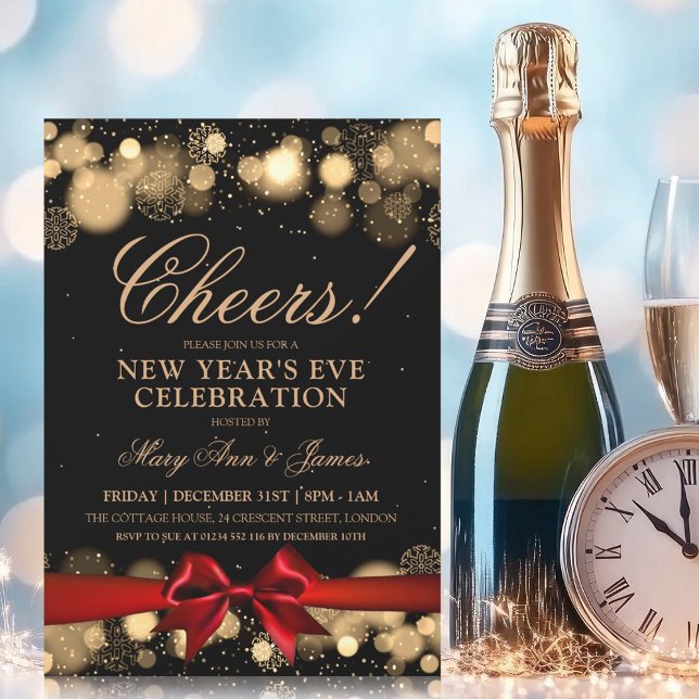 Invitación Año Nuevo Fiesta Oro Invierno Wonder Red Bow (New Years Eve Party Gold Winter Wonder Red Bow Invitation)