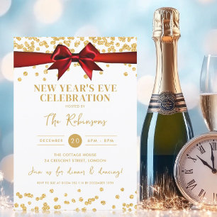 Invitación Año Nuevo Fiesta Oro Purpurina Confetti Red Bow