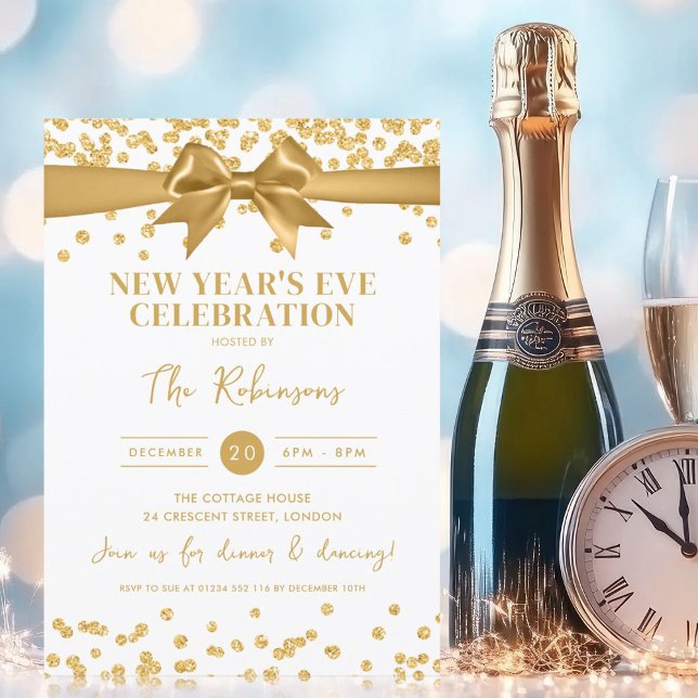Invitación Año Nuevo Fiesta Purpurina de oro Confetti y Bow (New Years Eve Party Gold Glitter Confetti & Bow Invitation)