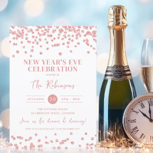 Invitación Año Nuevo Fiesta Rosa Purpurina de oro Confetti