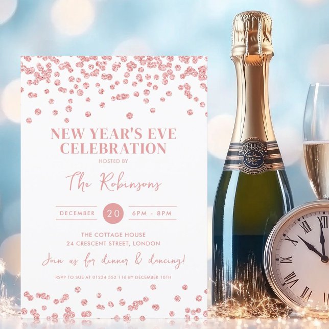 Invitación Año Nuevo Fiesta Rosa Purpurina de oro Confetti (New Years Eve Party Rose Gold Glitter Confetti Invitation)