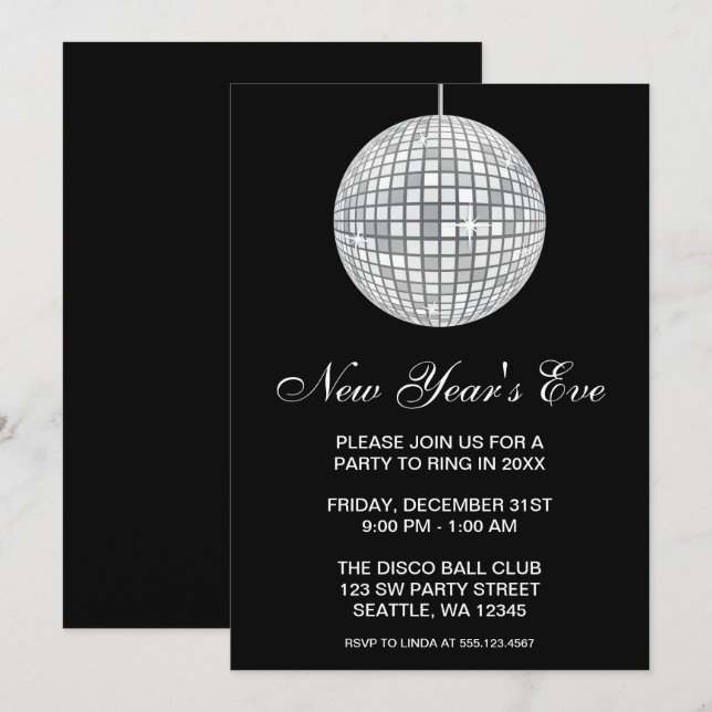 Invitación Año Nuevo Fiesta Silver Disco Ball (Anverso / Reverso)