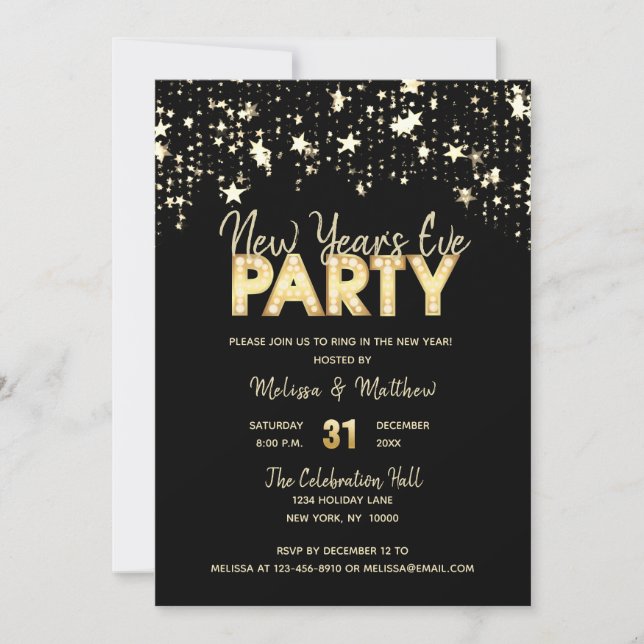 Invitación AÑO NUEVO: Fiestas Purpurinas Oro Iluminan (Anverso)