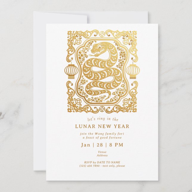 Invitación Año Nuevo Lunar 2025 De La Serpiente Fiesta De Oro (Anverso)