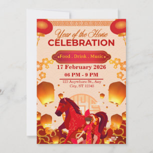 Invitación Año Nuevo Lunar Rojo y Dorado 2026 Año del Caballo