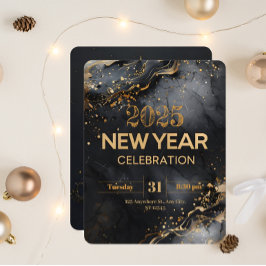 Invitación Año Nuevo Moderno con mármol negro y remolinos de 