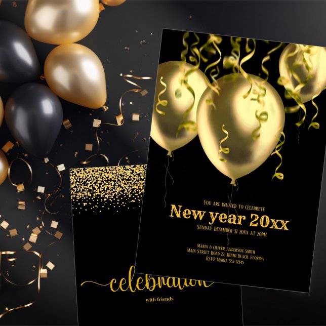Invitación Año Nuevo Moderno Negro y Dorado (Subido por el creador)
