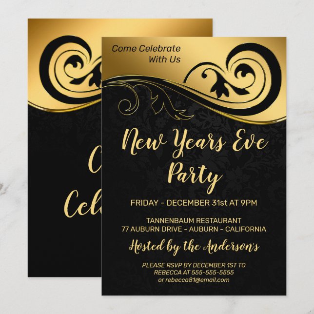 Invitación Año Nuevo Oro Elegante (Anverso / Reverso)