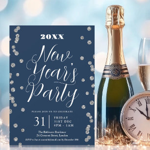 Invitación Año Nuevo Purpurina de plata Armada Confetti