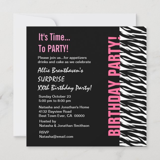 Invitación Año Personalizado cumpleaños color rosa y negro ce (Anverso)