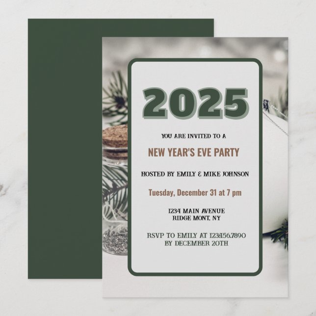 Invitación Año personalizado Verde 2025 Nochevieja (Anverso / Reverso)