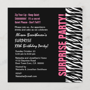Invitación Año SORPRENDENTE cumpleaños color rosa y negro ceb