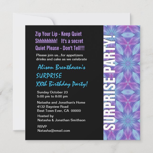 Invitación Año SORPRESO cumpleaños morado y floral azul V055 (Anverso)