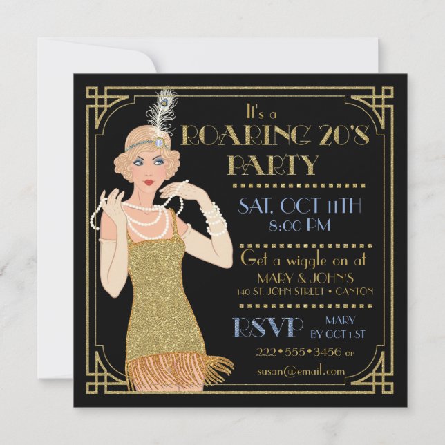 Invitación Años 20 Flapper Oro Brillo Negro Retro (Anverso)
