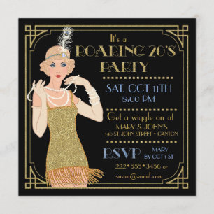 Invitación Años 20 Flapper Oro Brillo Negro Retro