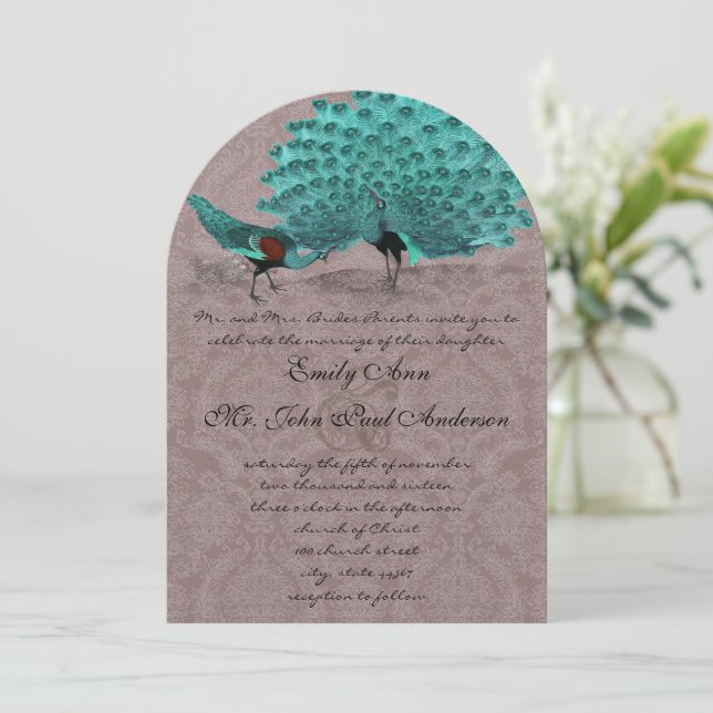 Invitación Años 20 rugientes Damasco Turquesa Pájaro del Amor (Anverso de pie)