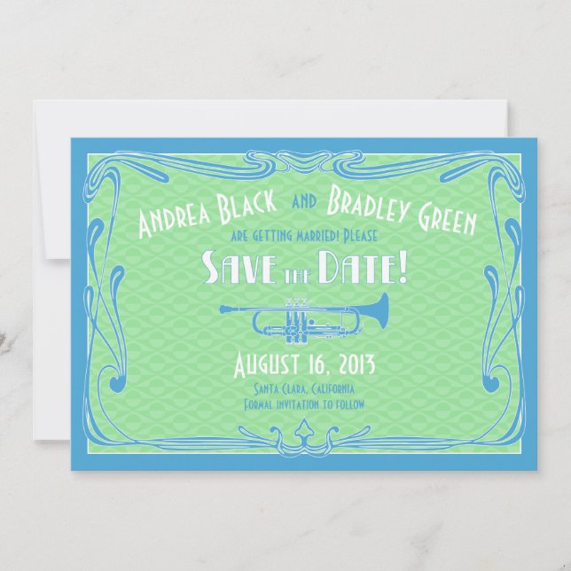 Invitación Años 20 rugientes Trompeta Boda Fecha para guardar (Anverso)