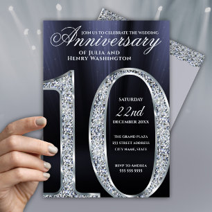 Invitación Años azul oscuro plateado diamante del 10º anivers