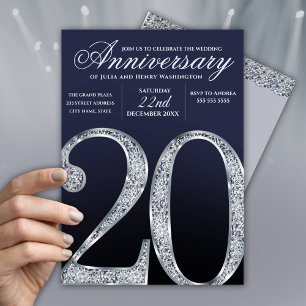Invitación Años azul oscuro plateado diamante del 20º anivers