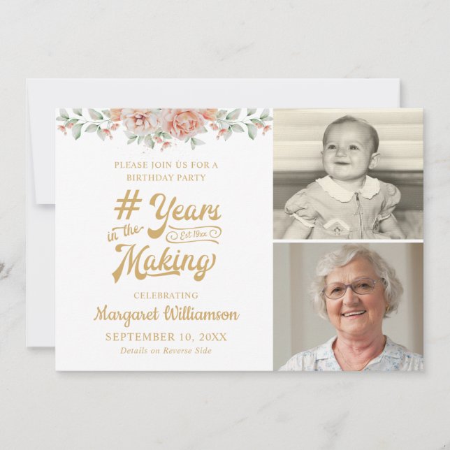 Invitación AÑOS florales rosados de cumpleaños en la foto de  (Anverso)