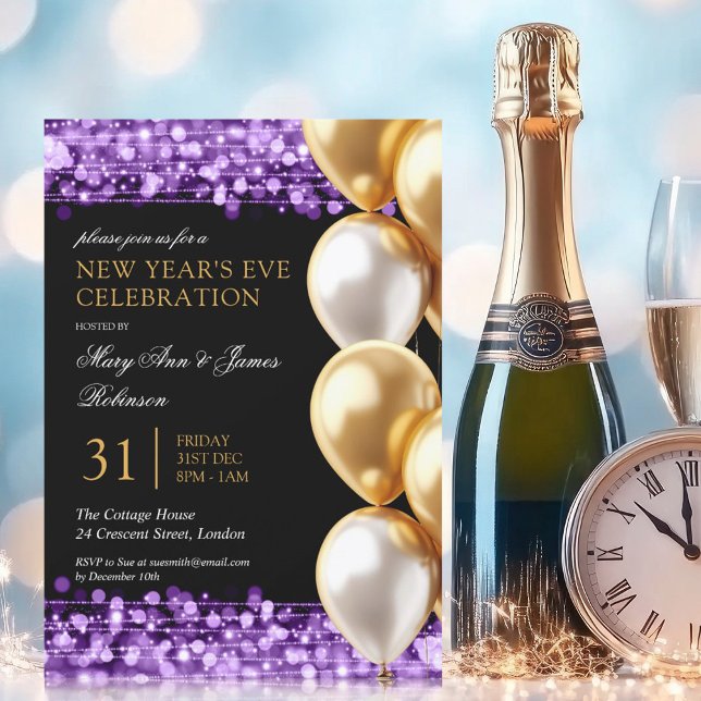 Invitación Años nuevos Eve Purple Shimmering Luces Globos (New Years Eve Purple Shimmering Lights Balloons Invitation)