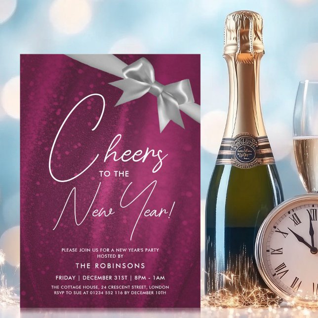 Invitación Años nuevos Eve Silver Esparkle Sequin Bow (New Years Eve Silver Pink Sparkle Sequin Bow Invitation)