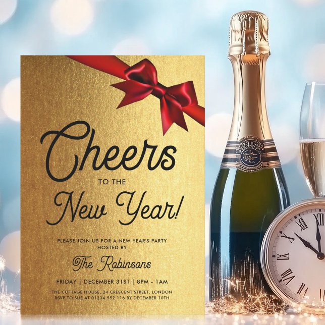 Invitación Años nuevos MODERNOS Eve Fiesta Glam Red Bow (MODERN New Years Eve Party Gold Glam Red Bow Invitation)