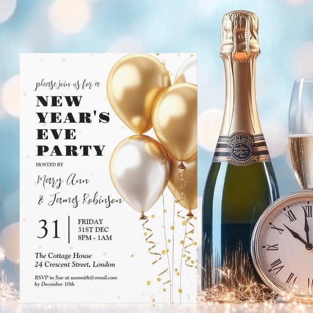Invitación Años nuevos MODERNOS Eve Fiesta Globos de Confetti (MODERN New Years Eve Party Gold Confetti Balloons Invitation)