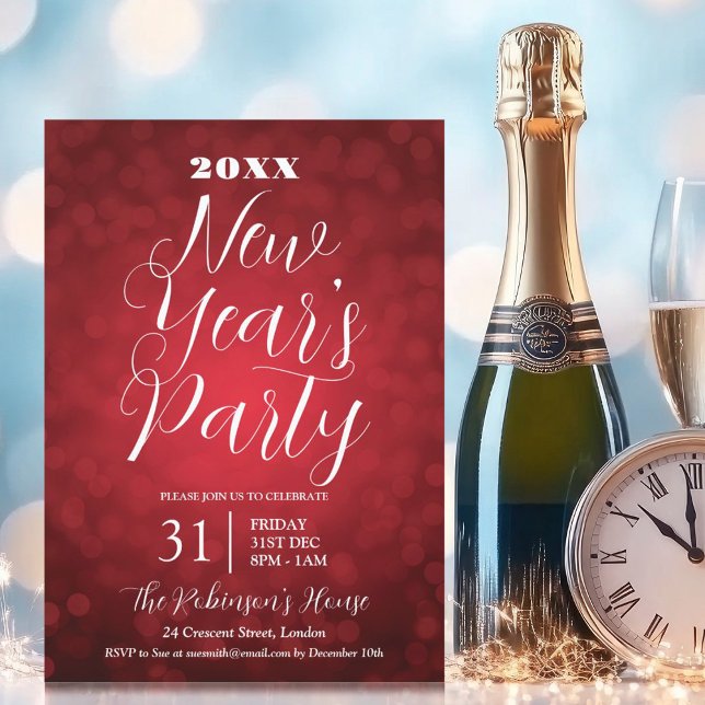 Invitación Años nuevos MODERNOS Eve Fiesta Luces de Bokeh Roj (MODERN New Years Eve Party Red Bokeh Lights Invitation)