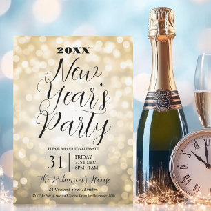 Invitación Años nuevos MODERNOS Eve Fiesta Luces de Oro Bokeh