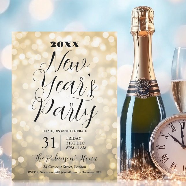 Invitación Años nuevos MODERNOS Eve Fiesta Luces de Oro Bokeh (MODERN New Years Eve Party Gold Bokeh Lights Invitation)