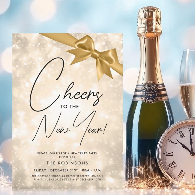 Invitación Años nuevos MODERNOS Eve Gold Champagne Bokeh Gold (MODERN New Years Eve Gold Champagne Bokeh Gold Bow Invitation)