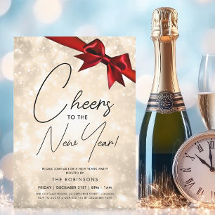 Invitación Años nuevos MODERNOS Eve Gold Champagne Bokeh Red 
