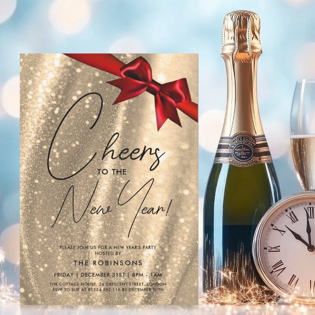 Invitación Años nuevos MODERNOS Eve Gold Sparkle Sequin Red B (MODERN New Years Eve Gold Sparkle Sequin Red Bow Invitation)