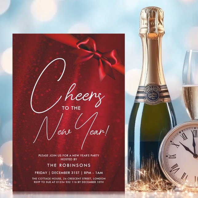 Invitación Años nuevos MODERNOS Eve Red Sparkle Sequin Bow (MODERN New Years Eve Red Sparkle Sequin Bow Invitation)