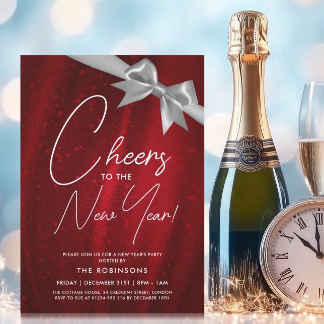 Invitación Años nuevos MODERNOS Eve Silver Red Sparkle Sequin (MODERN New Years Eve Silver Red Sparkle Sequin Bow Invitation)