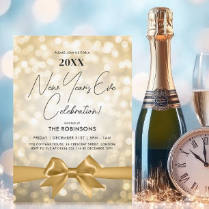 Invitación Años nuevos MODERNOS Fiesta Oro Bokeh Bow