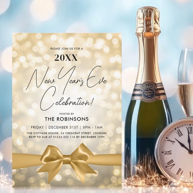 Invitación Años nuevos MODERNOS Fiesta Oro Bokeh Bow (MODERN New Years Eve Party Gold Bokeh Bow Invitation)