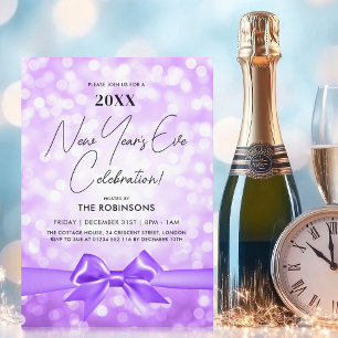 Invitación Años nuevos MODERNOS Fiesta Purple Bokeh Bow