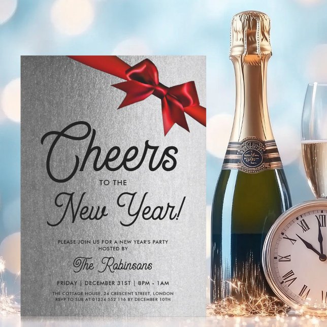 Invitación Años nuevos MODERNOS Fiesta Silver Glam Red Bow (MODERN New Years Eve Party Silver Glam Red Bow Invitation)