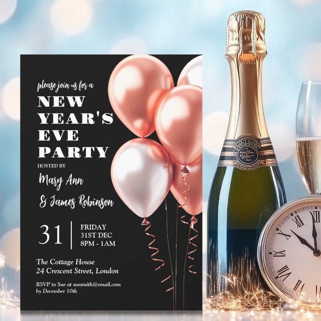 Invitación Años nuevos MODERNOS Rosa Globos de oro Negro (MODERN New Years Eve Rose Gold Balloons Black Invitation)