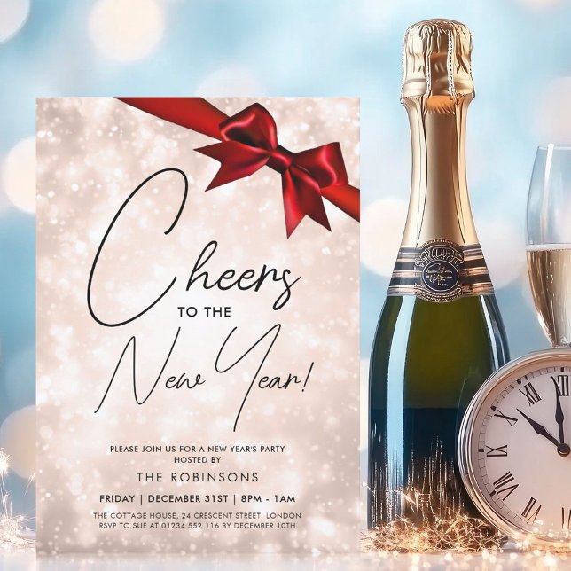 Invitación Años nuevos MODERNOS Rosa Oro Champagne Bokeh Bow (MODERN New Years Eve Rose Gold Champagne Bokeh Bow Invitation)