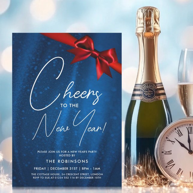 Invitación Años nuevos MODERNOS Viernes de la Armada Azul Esp (MODERN New Years Eve Navy Blue Sparkle Sequin Bow Invitation)