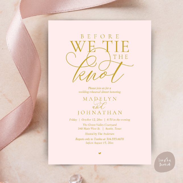 Invitación "Antes de atar el nudo", Cena de ensayo de boda ("Before we tie the knot", Modern Romantic Wedding Rehearsal Dinner Invites Card in Yellow Gold Blush)