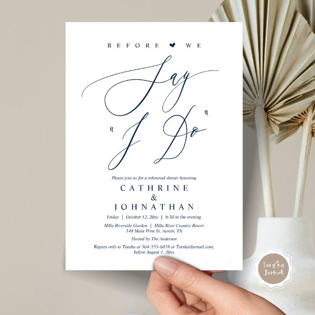 Invitación Antes de decir "Lo hago", Boda ensayar la cena (Before We Say "I Do", Wedding Rehearsal Dinner Invitation Card, Digital PDF JPG, in Navy Blue)