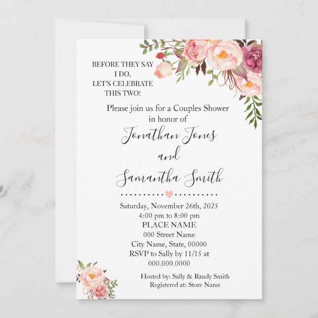 Invitación Antes de decir que las parejas se duchan boda rosa (Anverso)