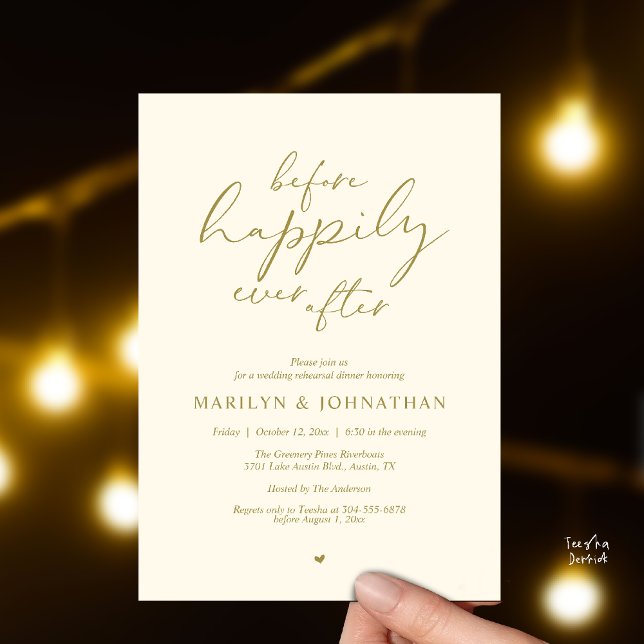 Invitación Antes de Felices Para Siempre, Ensayo Romántico (Before Happily Ever After, Modern Romantic Rehearsal Dinner Invitation Card in Yellow Gold Cream)