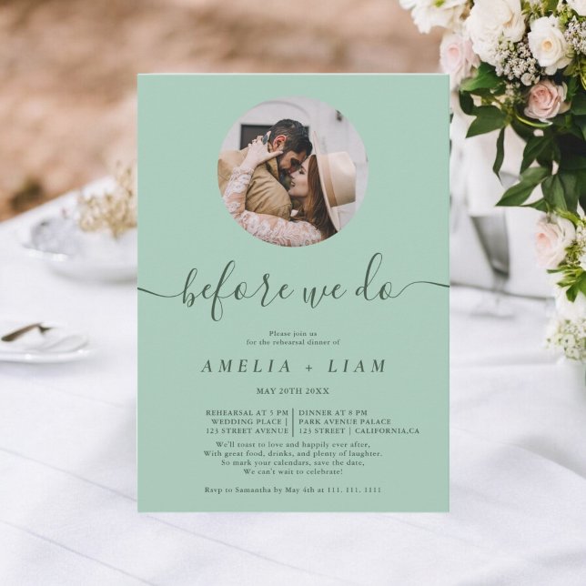 Invitación Antes de hacer la cena de ensayo de foto sage verd (Before we do photo sage green rehearsal dinner invitation)