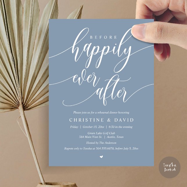 Invitación Antes De La Celebración De La Cena Después Del Ens (Before Happily Ever After, Modern Wedding Rehearsal Dinner Invitation Card, PDF, in Dusty Blue)