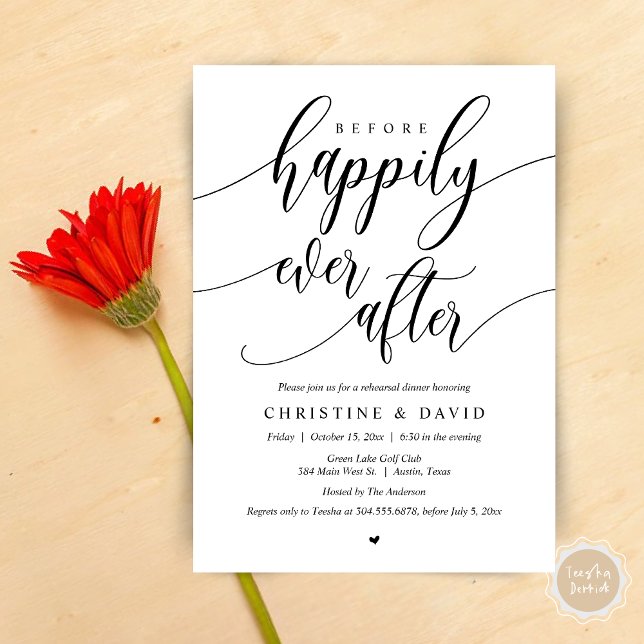 Invitación Antes De La Cena De Ensayos Antes De Que Sea Feliz (Before Happily Ever After, Modern Wedding Rehearsal Dinner Invitation Card, PDF, in Black and White)